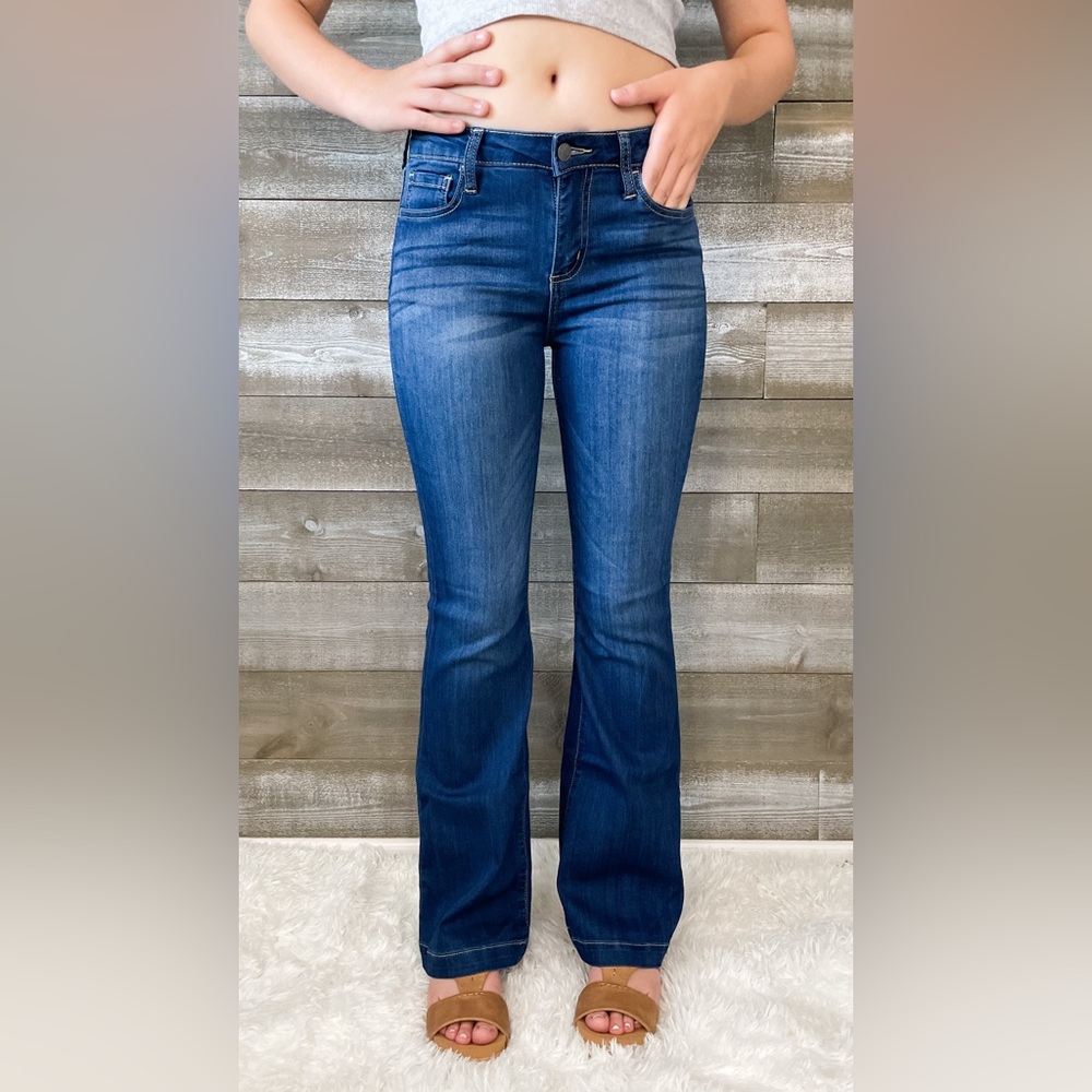 cello petite mid rise flare jeans AB38657DK-30 in dark wash
